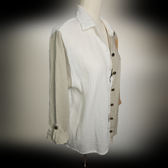 Shannon Passero Colorblock Button Up Gauzy 100% Cotton Shirt.  Tan Cream.  Lg - Picture 4 of 13